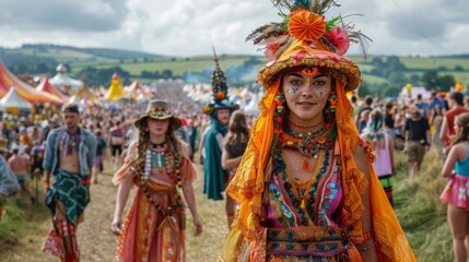 Fototapeta premium Glastonbury Festival . Art installations, street performers, and theatrical productions add visual and creative flair to the festival experience. 