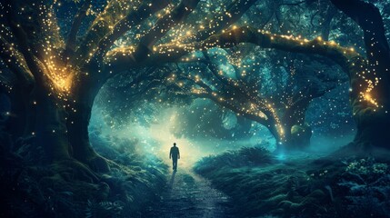 Obraz premium A lone man walks down a path through a mystical forest, illuminated by a canopy of trees adorned with twinkling fairy lights, symbolizing wonder, mystery, hope, journey, and discovery.