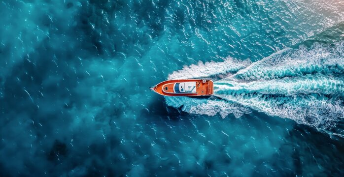 A speedboat in the middle of an ocean, leaving trails behind it, captured from above with a drone camera.
