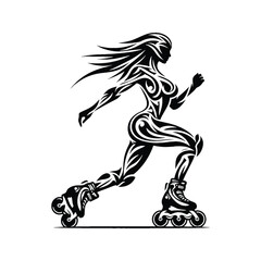 Fototapeta premium Inline Skating female player in ethnic tribal pattern illustration, emblem shield badge