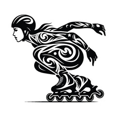 Obraz premium Inline Skating female player in ethnic tribal pattern illustration, emblem shield badge
