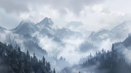 Obraz premium The image depicts a serene winter landscape with snow-capped mountains rising above a blanket of fog, symbolizing tranquility, serenity, nature, adventure, and wilderness.