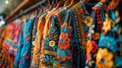 Fototapeta premium Dia de los Muerto., Mexican holiday. traditional catrina dress from closet, its vibrant colors and intricate embroidery reflecting the elegance and cultural significance of this attire.