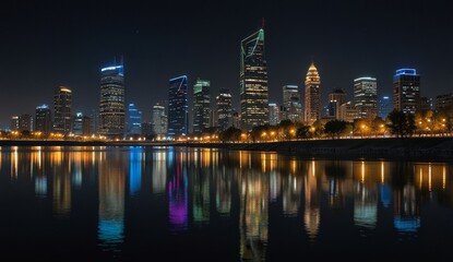 Naklejka premium Vibrant Night City Skyline Reflection