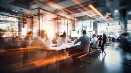 Busy professionals collaborate in a vibrant office, immersed in discussions and activities as sunlight streams through large windows