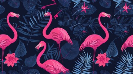 Naklejka premium A seamless pattern featuring pink flamingos standing amidst a lush tropical jungle scene