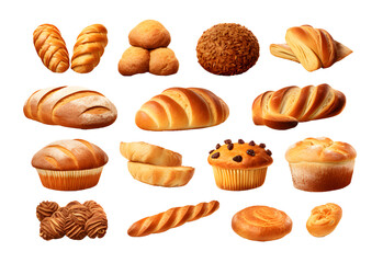 Set of various sweet breads Slices and bakery or pastries, isolated cartoon vector set of bakery products translucent background	