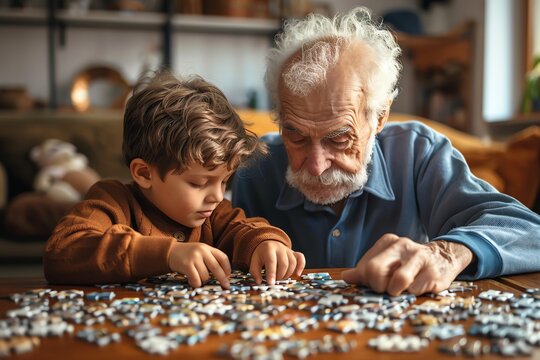 A young boy and an elderly man bonding while solving a jigsaw puzzle together at a cozy home setting.