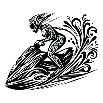 recommend clip art: Jet Skiing  female player in ethnic tribal pattern illustration, emblem shield badge