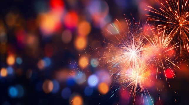 Colorful soodap fireworks burst against a backdrop of shimmering bokeh lights, illuminating the night with joy and celebration