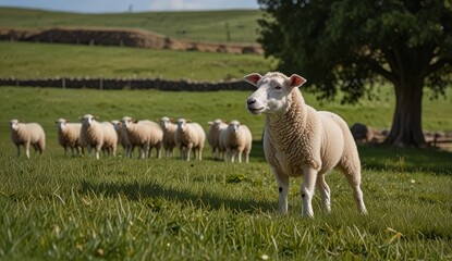Obraz premium Sheep Grazing in a Green Field