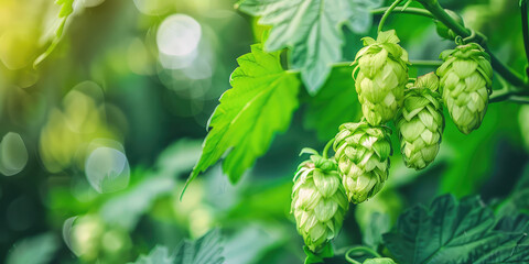 Close-up of plants biological raw hop flowers for high quality beer production in ecological craft brewery