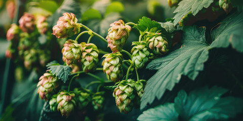 Close-up of plants biological raw hop flowers for high quality beer production in ecological craft brewery