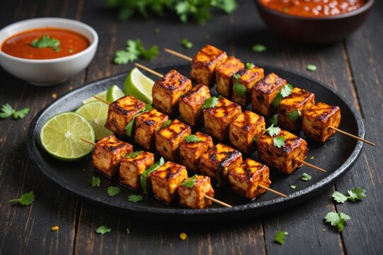 Selective focus on spicy Indian paneer tikka coated in red sauce and flame grilled on skewer and served on a dark wooden plate with green chilli and coriander sauce.