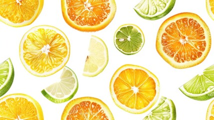 Obraz premium A pattern of fresh citrus fruit slices, including oranges, lemons, and limes, arranged in a white background
