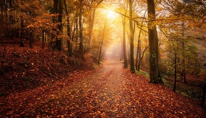 Fototapeta premium tranquil forest path covered in autumn leaves, with golden light filtering through the trees