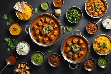 Traditional indian cuisine.  Top view with copy space. Panorama, banner