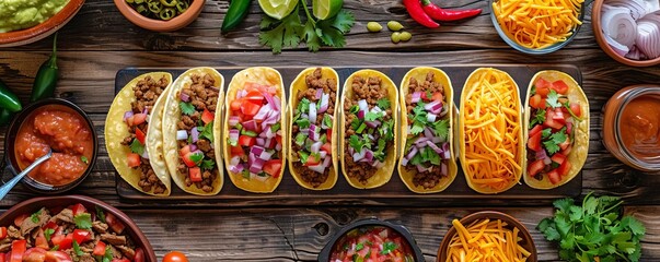 Vibrant taco spread featuring assorted toppings and salsas, perfect for food lovers and culinary enthusiasts.