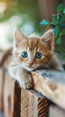 A curious kitten with bright blue eyes rests on a wooden railing