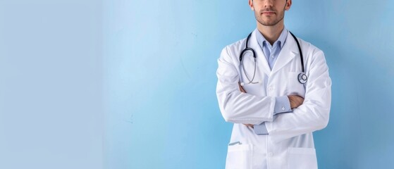 Portrait of a male doctor standing with his arms crossed on a light blue background, with a banner design Space for text copy Generative AI