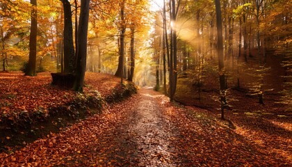 tranquil forest path covered in autumn leaves, with golden light filtering through the trees