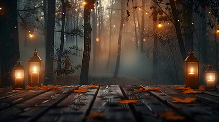 Obraz premium Wooden table with glowing lanterns and scattered autumn leaves, enchanting foggy forest background, soft warm lighting evokes mystery, serene atmosphere, ample copy space, ideal for marketing,...
