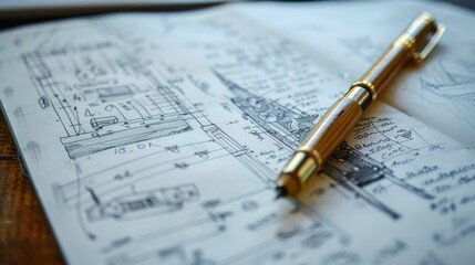 Creative Process Unveiled: Close-Up of Intricate Sketchbook with Detailed Drawings and Notes