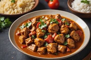 Spicy Burmese chicken curry in a sauce consisting of onion, ginger, lemongrass, pepper, garlic and tomato close-up in a bowl on the table. Horizontal
