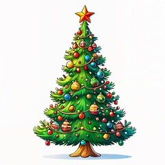 Obraz premium Vibrant, colorful Christmas tree with a star on top, adorned with various ornaments and set against a plain background.