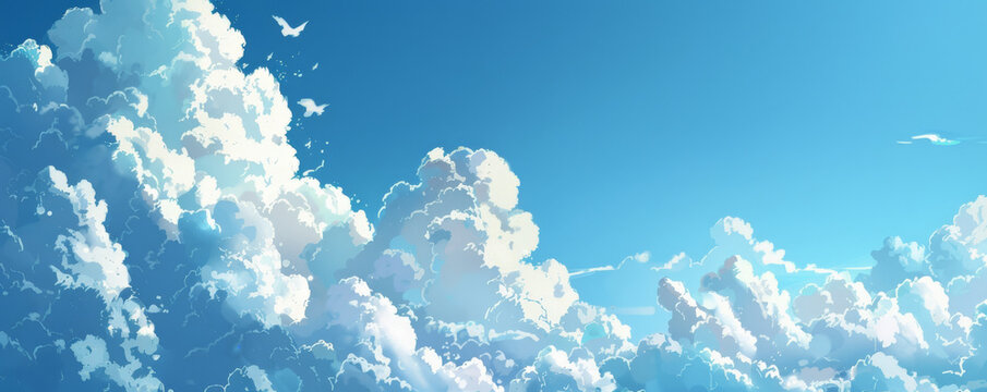 A serene blue sky backdrop with fluffy white clouds, creating a peaceful and uplifting scene.