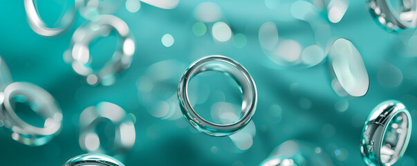 Silver rings floating in front of a teal background, evoking a sense of calm and elegance.