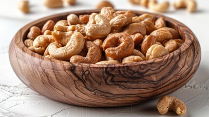 Fototapeta premium Overflowing wooden bowl of roasted cashew nuts. A healthy snack bursting with flavor and nutrients. Perfect for energy boosts or appetizers. Ideal for cooking. Baking