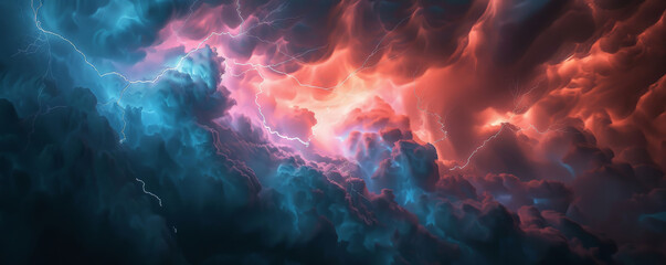 A dramatic stormy sky backdrop with dark clouds and flashes of lightning, creating a powerful and intense atmosphere.