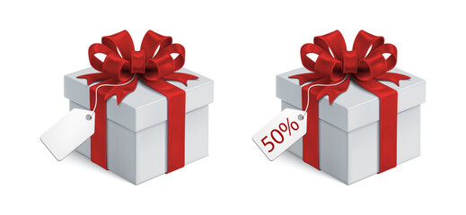 3d realistic vector icon illustration. Set of white gift boxes with red silky ribbon bows and white coupon sale sign.