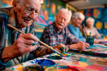 A close-up scene of a senior group painting session in a painting shop - Powered by Adobe