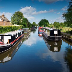 Naklejka premium canal with houseboats, AI generated