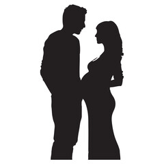 A silhouette in a studio of a couple who are having a baby and the father is listening to the mother's belly who is well along in her pregnancy; Edmonton, Alberta silhouette white background
