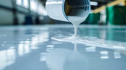 High-definition image of epoxy resin being carefully poured and spread on a heavy-duty surface, polished finish, capturing the meticulous application process