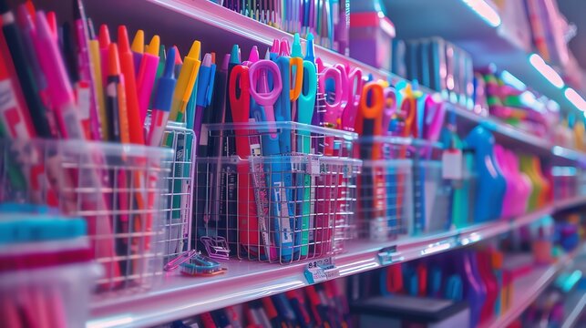 A colorful display of pens and pencils in a store, ready for purchase.  The shelves are filled with various writing instruments.