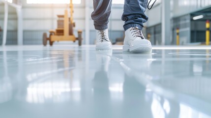 Industrial facility featuring epoxy resin floor application, workers spreading resin evenly, bright and clean space, heavy-duty tools and equipment in the background