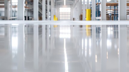 Industrial scene of a floor being coated with epoxy resin, demonstrating comprehensive coverage and a durable, defensive finish, sleek and seamless surface