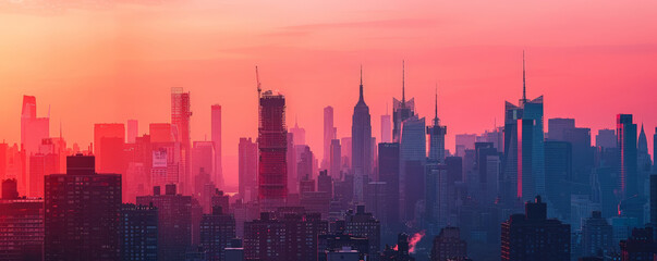 A bustling city skyline backdrop with tall skyscrapers and a vibrant sunset, creating an energetic and dynamic scene.
