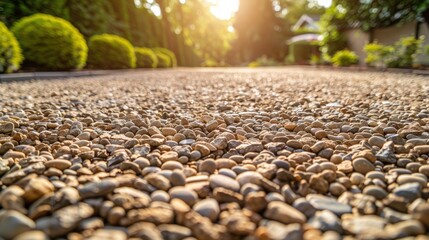 Low angle shot of gravel driveway with rough texture - rustic outdoor background.
