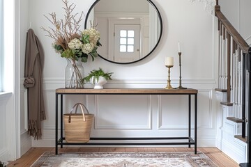 Minimalist entryway with a console table, mirror, round black framed mirror, metal shelf with basket, grey wooden top, white striped rug, and boho style decor.