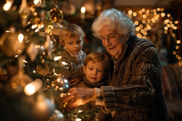 Elderly woman and two children decorating a Christmas tree together, surrounded by festive lights and ornaments, sharing a special moment.