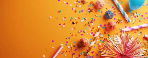 A festive end-of-the-week greeting on a vibrant orange surface, with fireworks and party elements conveying excitement.
