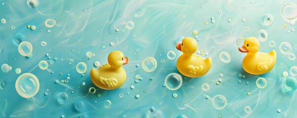 A playful backdrop with yellow rubber ducks swimming amidst bubbles on a light aqua background, evoking a sense of joy and fun.
