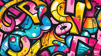 Vibrant graffiti design showcases intricate street art elements with bold colors in a lively urban setting