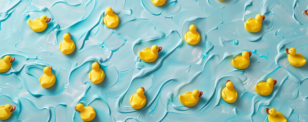 A background filled with numerous yellow rubber ducks floating on a light blue water surface, creating a playful and cheerful atmosphere.