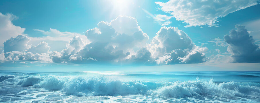 A joyful greeting for the end of the week on a calming blue surface, surrounded by relaxing imagery such as waves and clouds.